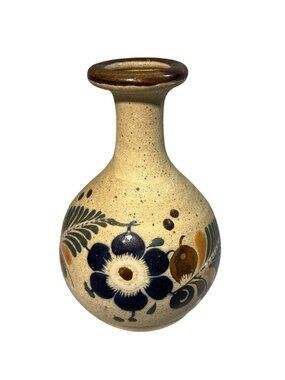 Mexican Pottery Vase Floral Leaf Design 4.75" Tall Rustic Hand Painted
